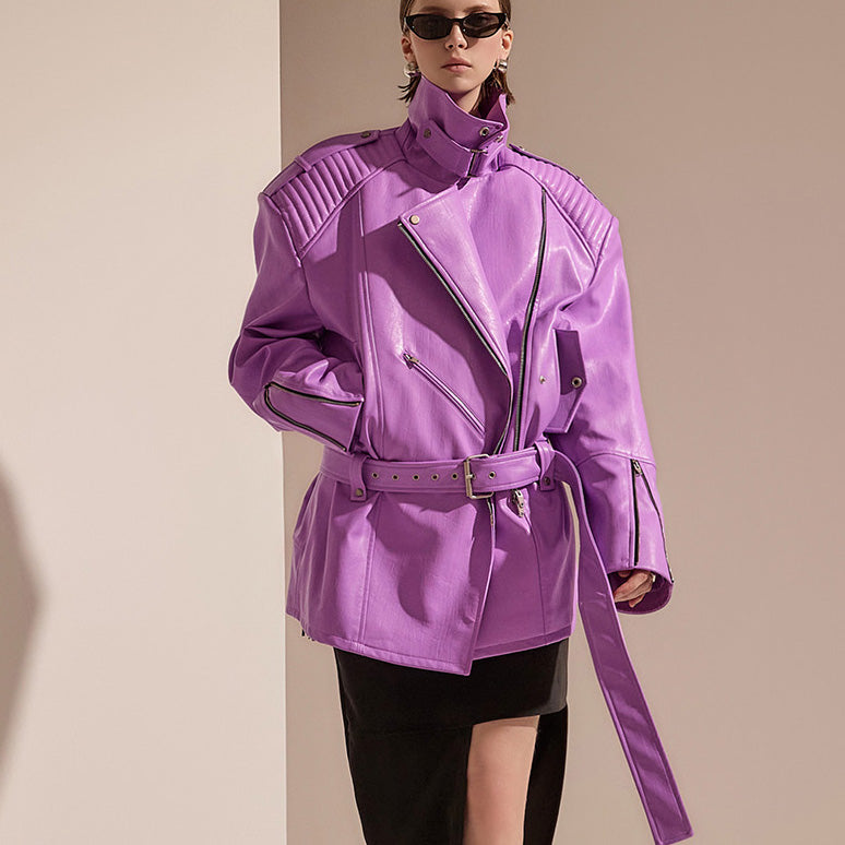 MBDJ018 ハイネックショルダーピンタックレザーライダースジャケット(ベルトセット)