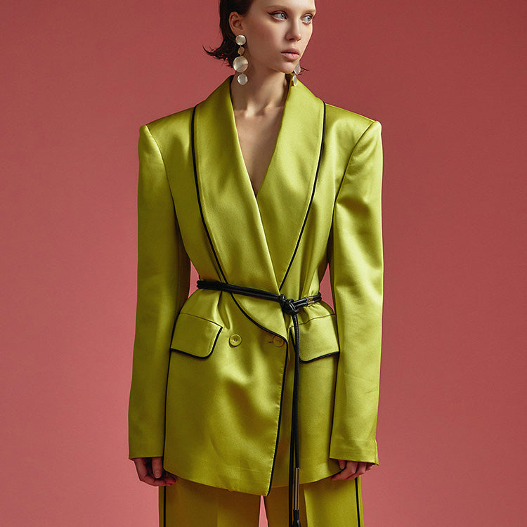 MBDJ017 缎纹拼色双扣夹克(配腰带)