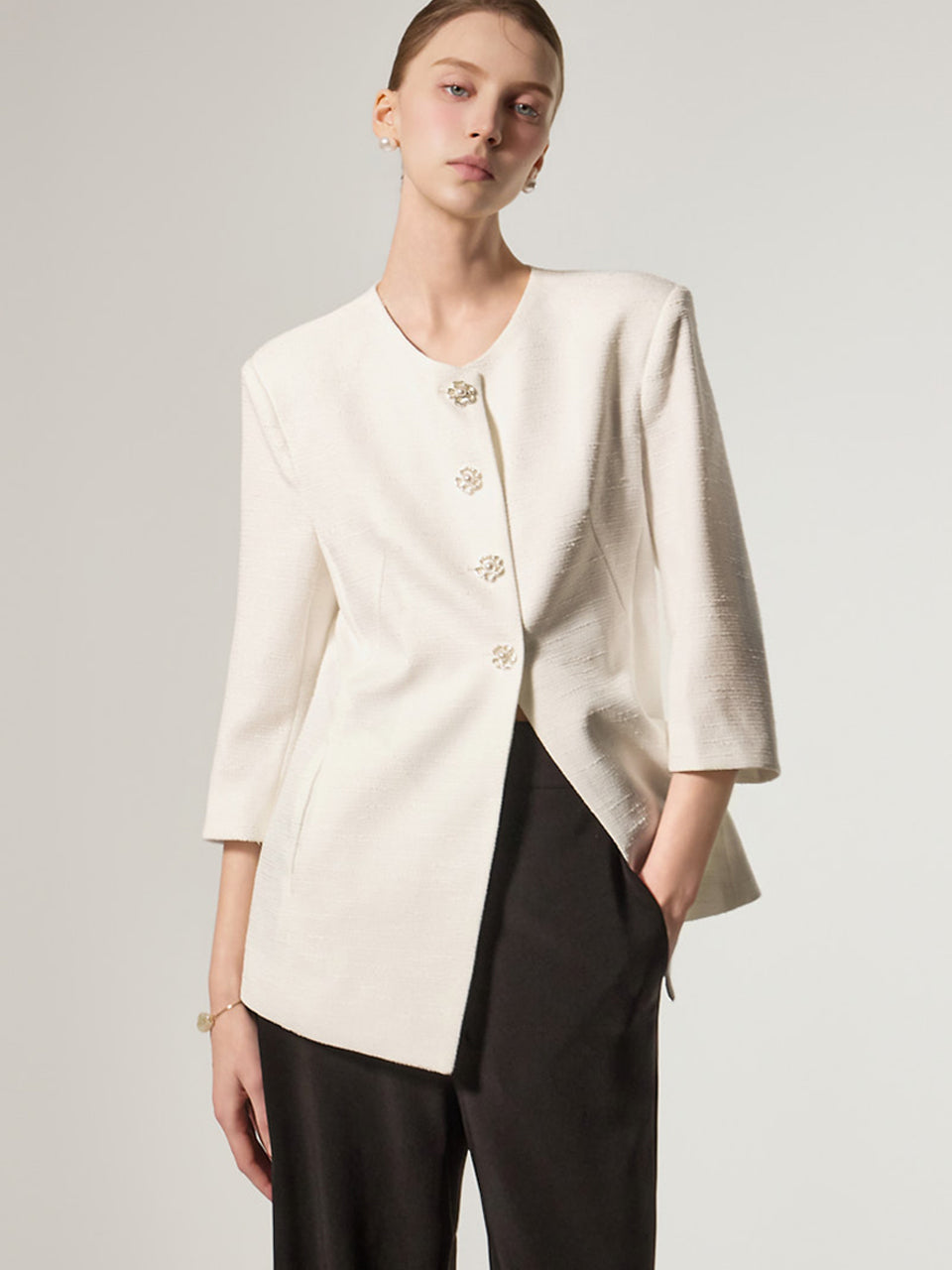 J3177 Collarless Tweed Jacket