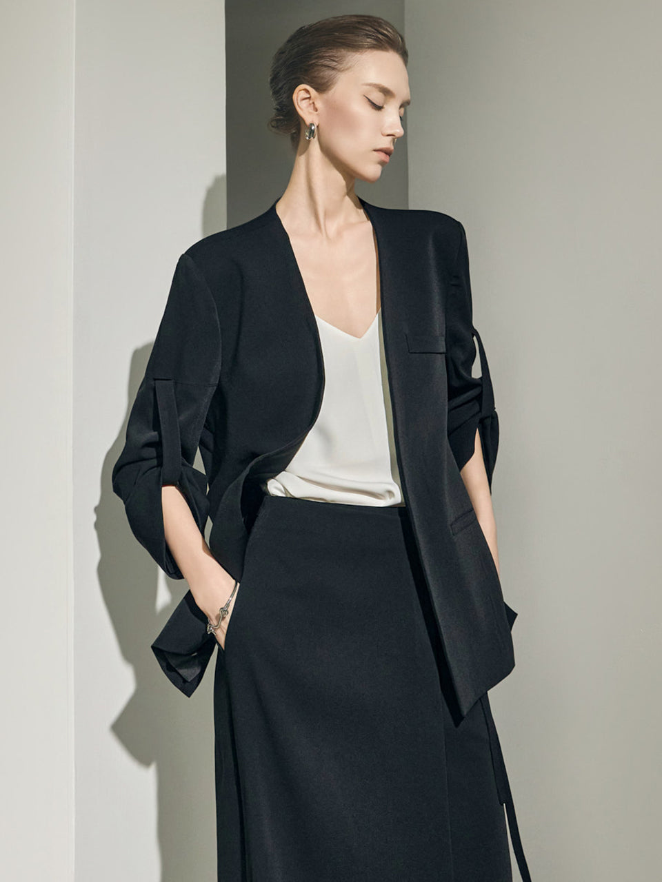J3245 Collarless Strap Jacket