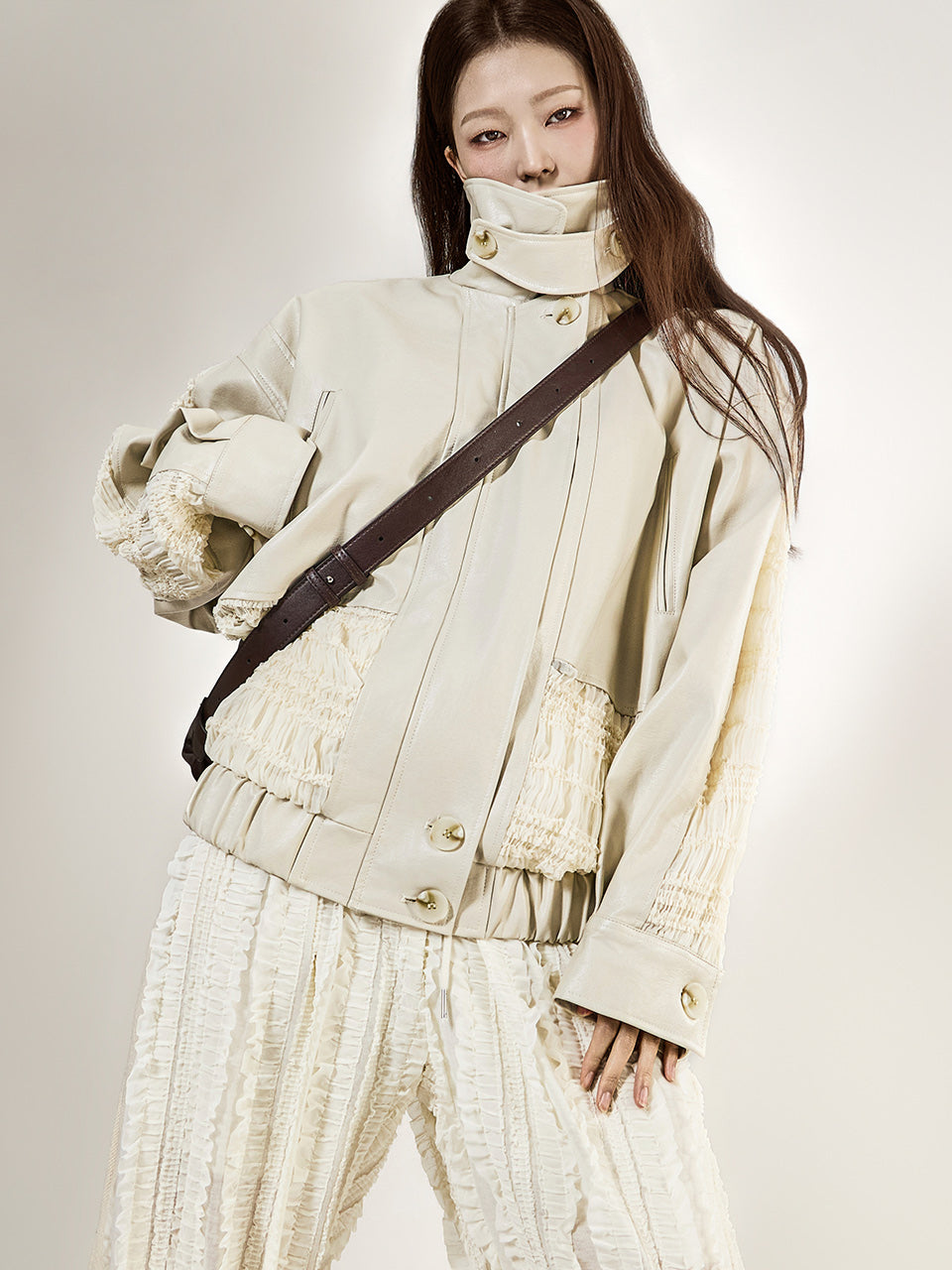 J3295 High-Neck Shirred Leather Jumper