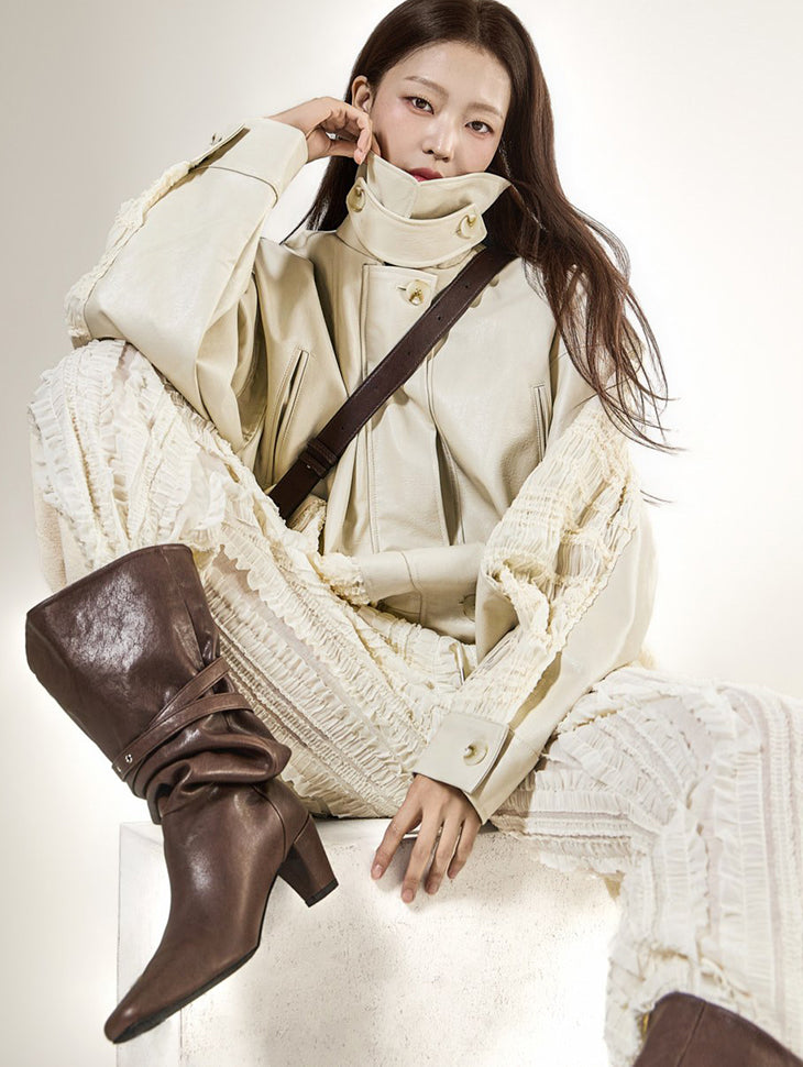 J3295 High-Neck Shirred Leather Jumper