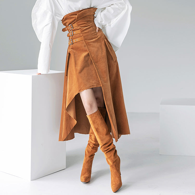 SK2222 绒面革扣不平衡裙
