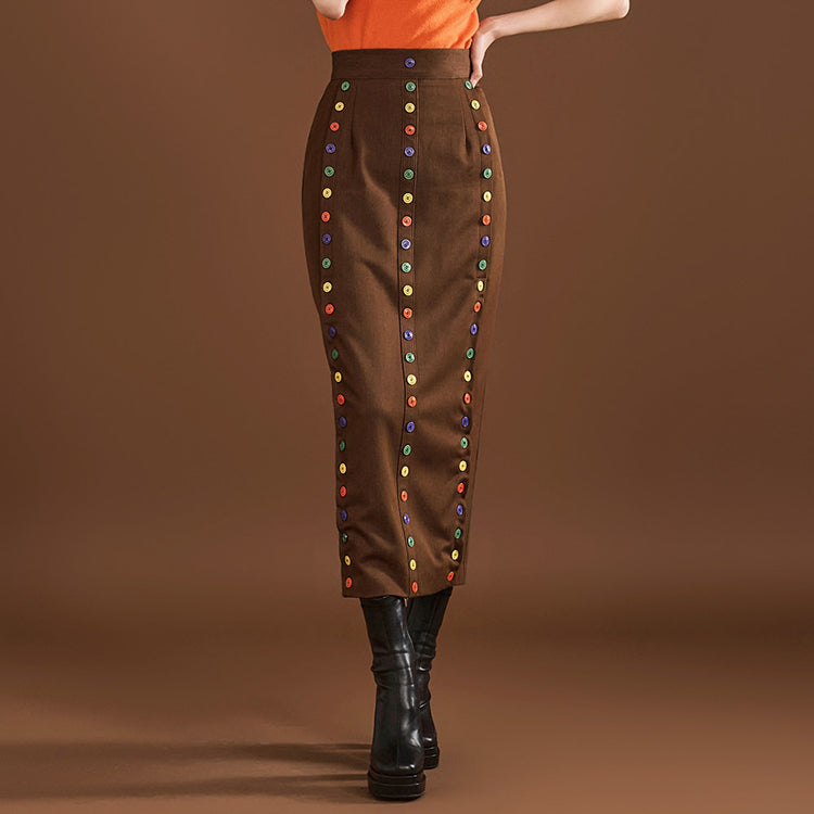 SK9227 Color Button High Waist Long Skirt
