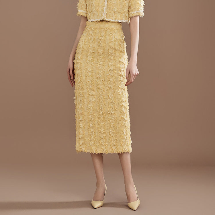 SK9225 Tweed Wool Fringe Midi Skirt
