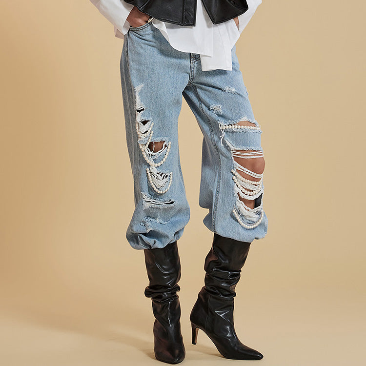 PJ492 ワイドレッグリップドパールジーンズ