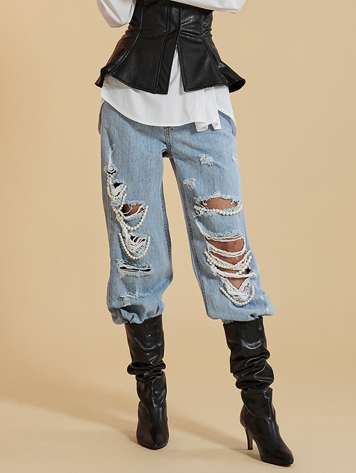 PJ492 阔腿破洞珍珠牛仔裤