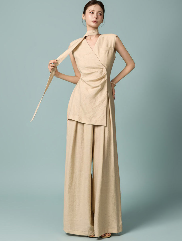 JS071 Linen Tie Wrap Jumpsuit