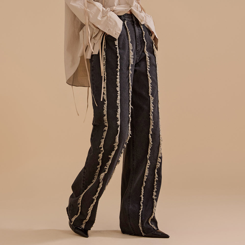 PJ471 流苏半宽松牛仔裤