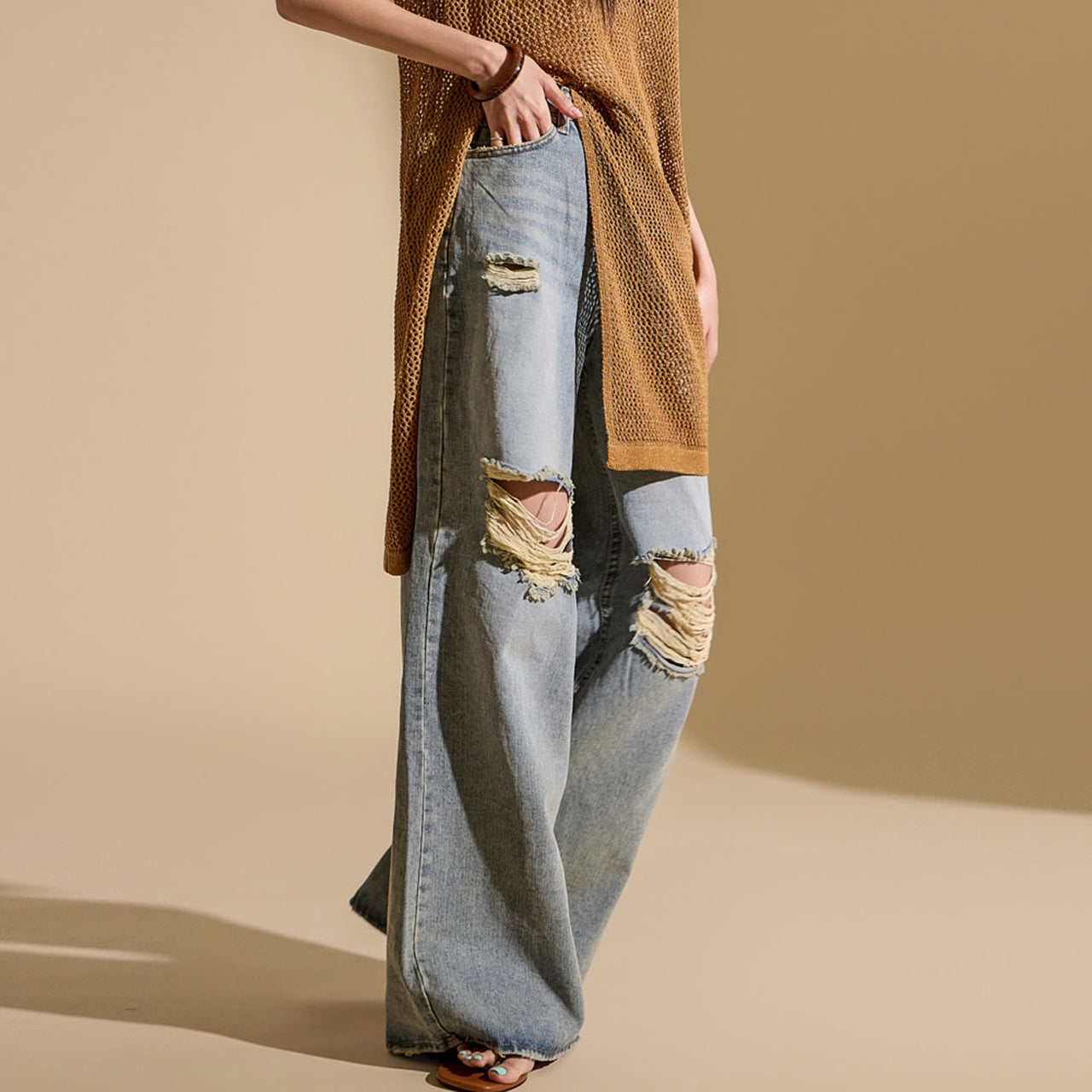 PJ524 ダメージ加工ワイドジーンズ