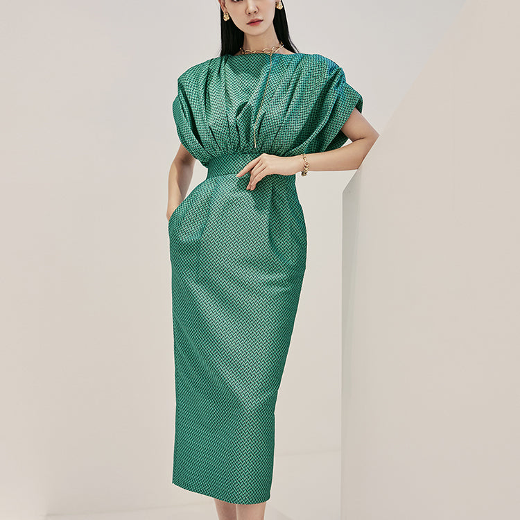 D9405 提花褶皱连衣裙