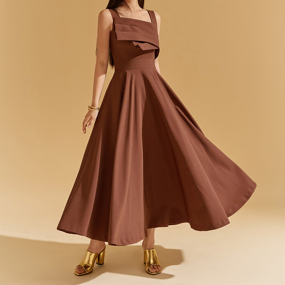 D9445 褶裥无袖喇叭连衣裙