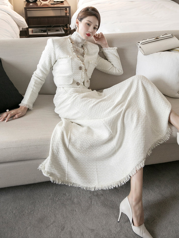 D4112 粗花呢流苏夹克裙两件套