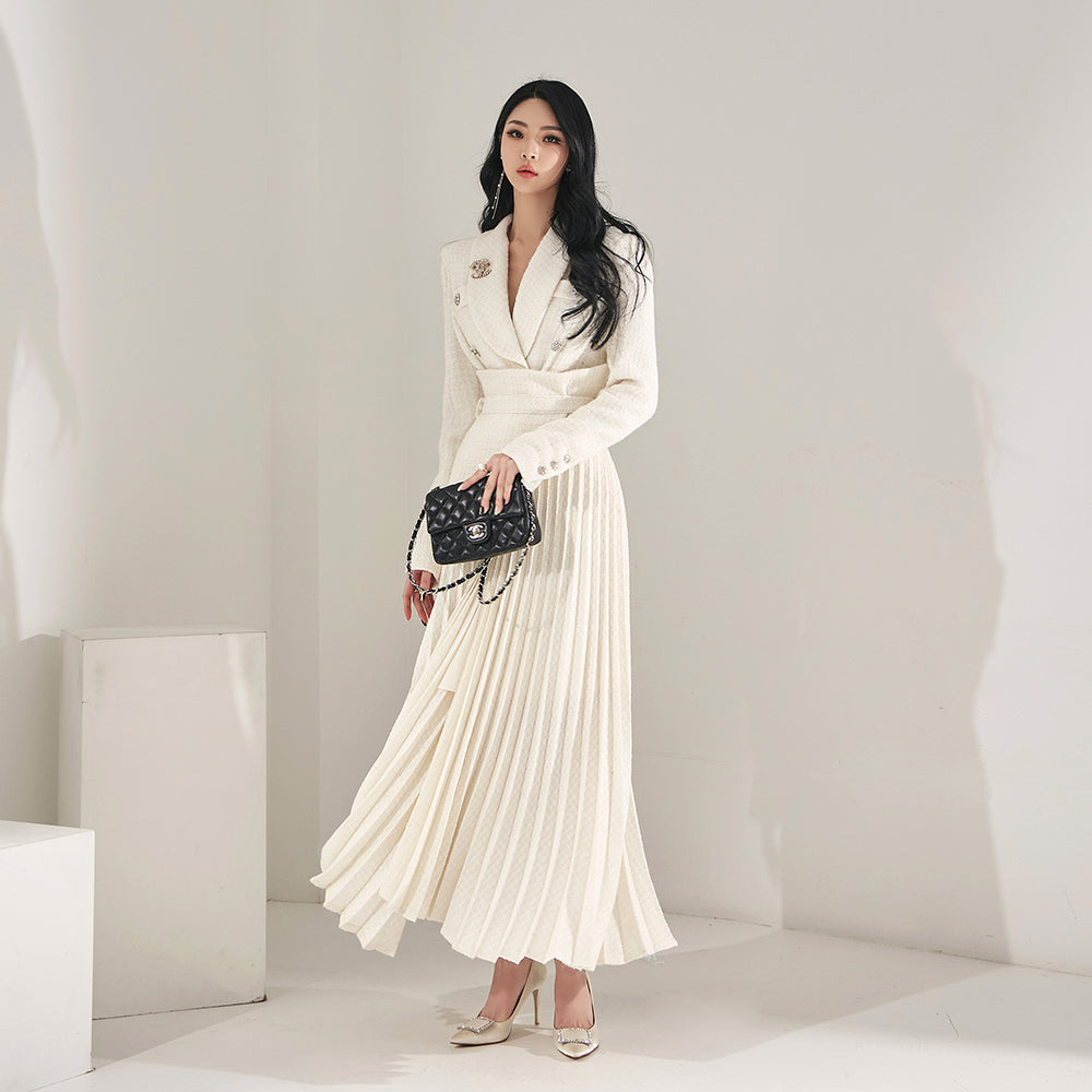 D4612 ベルト付きツイードドレス