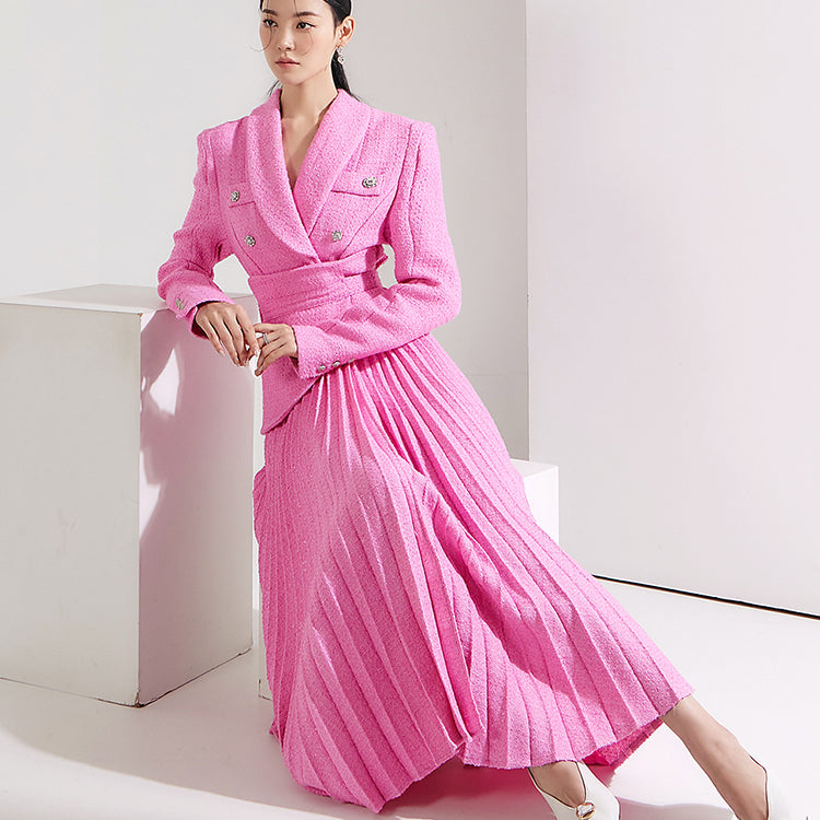 D4612 ベルト付きツイードドレス