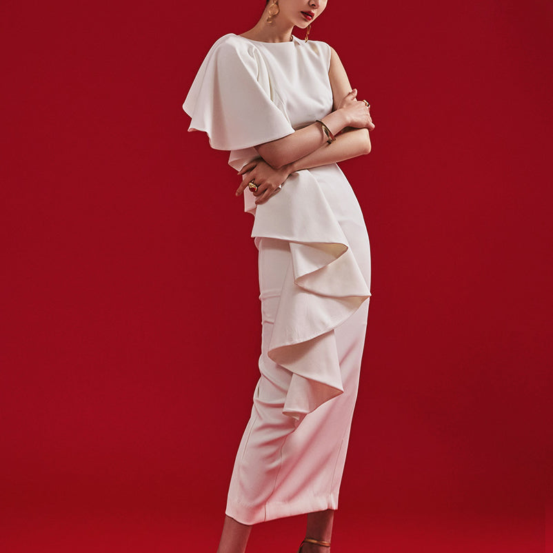 D9413 ノースリーブワンショルダーフリルミディワンピース