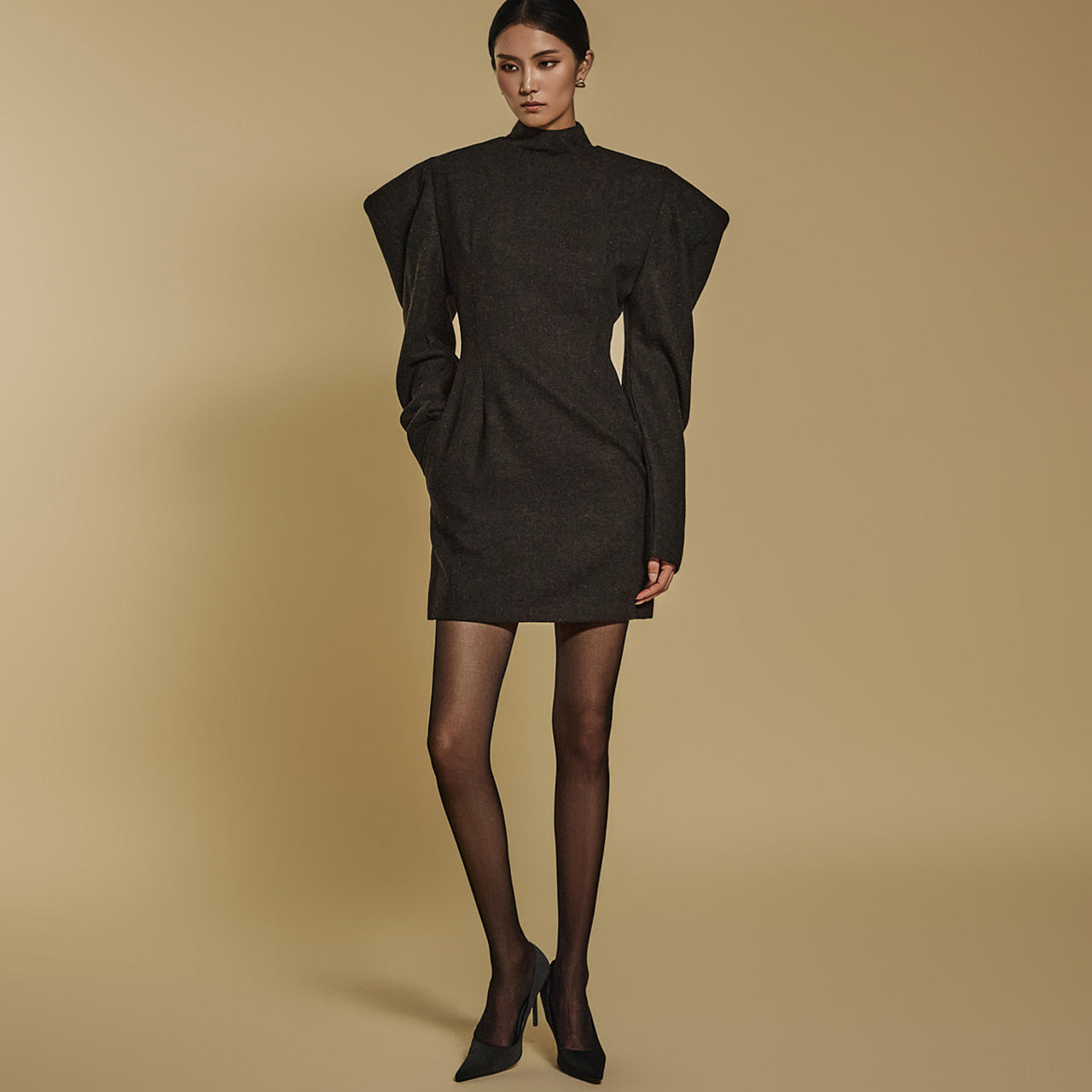 D9314 人字纹羊毛迷你连衣裙