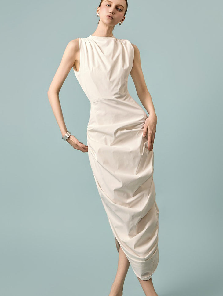 D9605 Shirred Drape Asymmetrical Dress