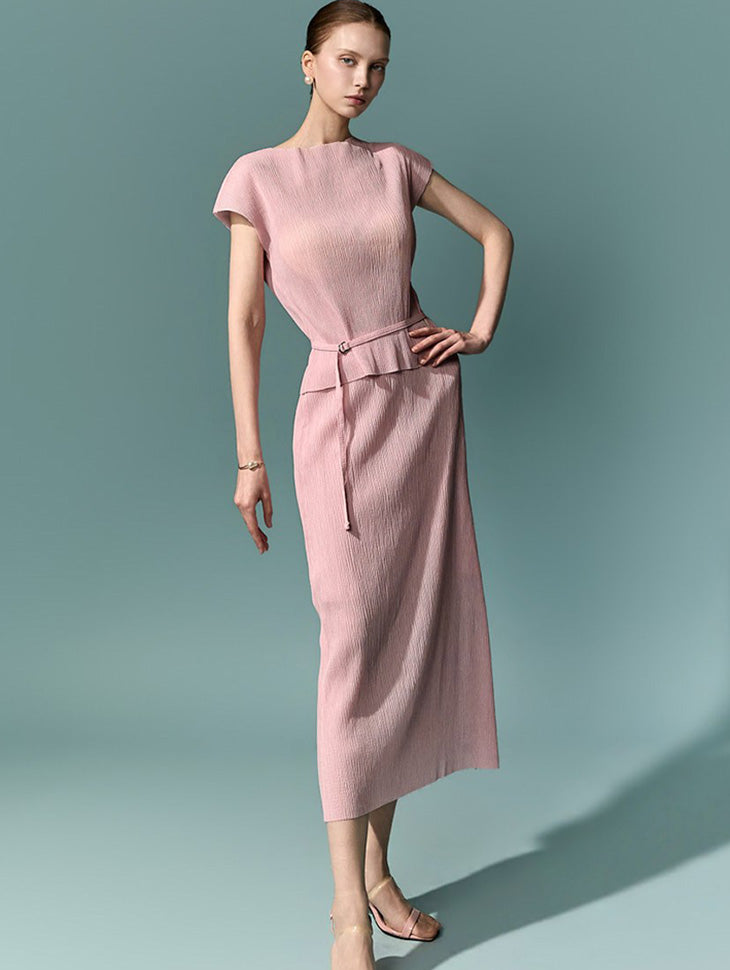 D5644 Belted Pleated Two-Piece Set