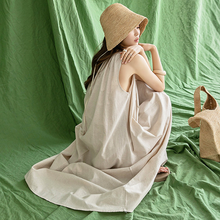 D4245 亚麻褶皱长裙