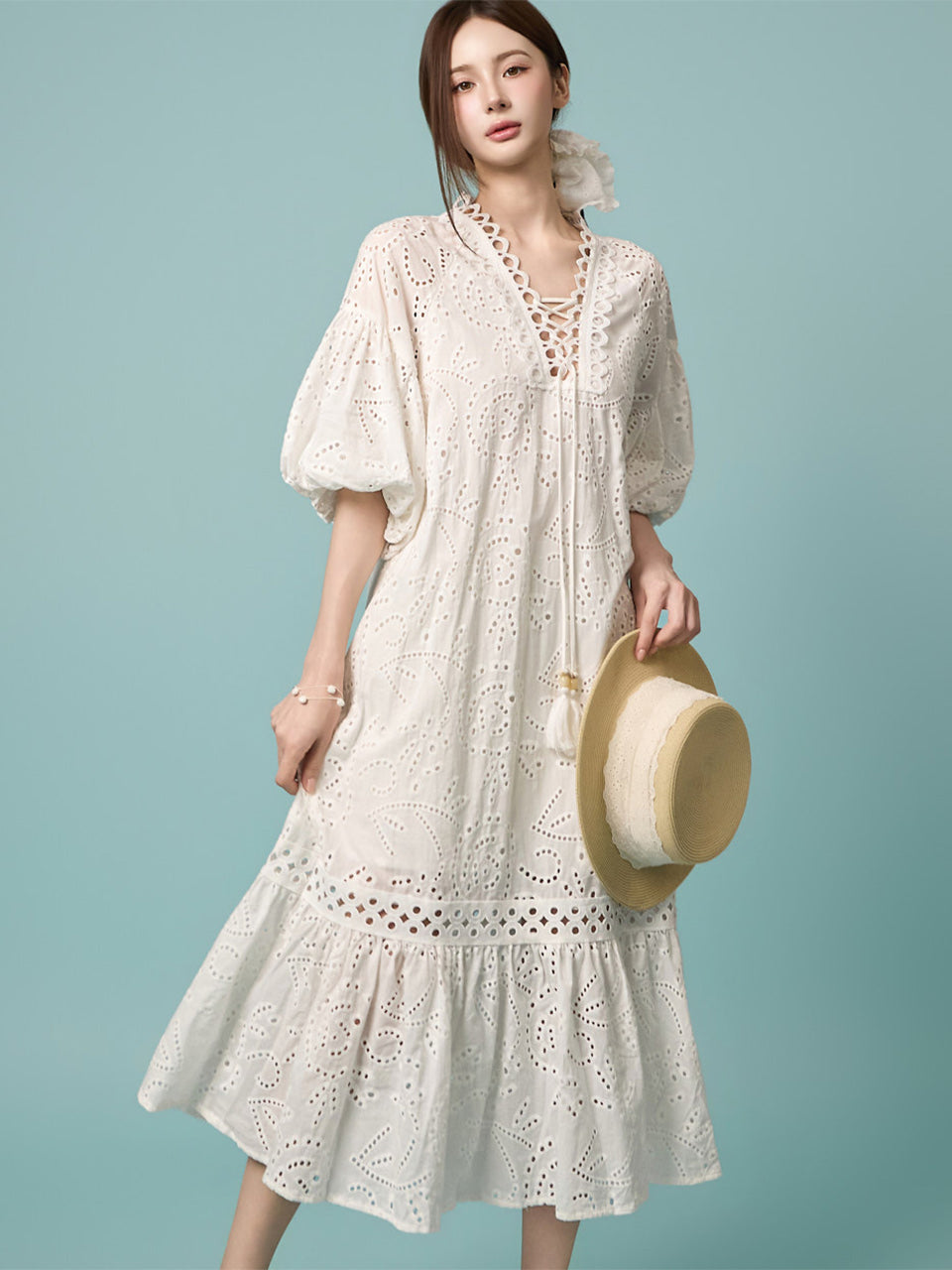 D5631 Eyelet Long Dress