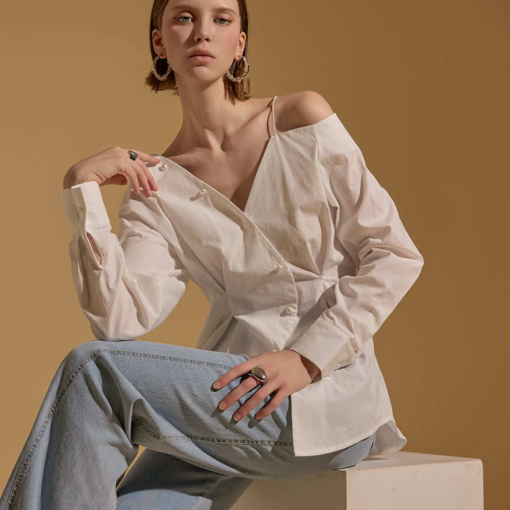 S564 ワンショルダーパールボタンシャツ