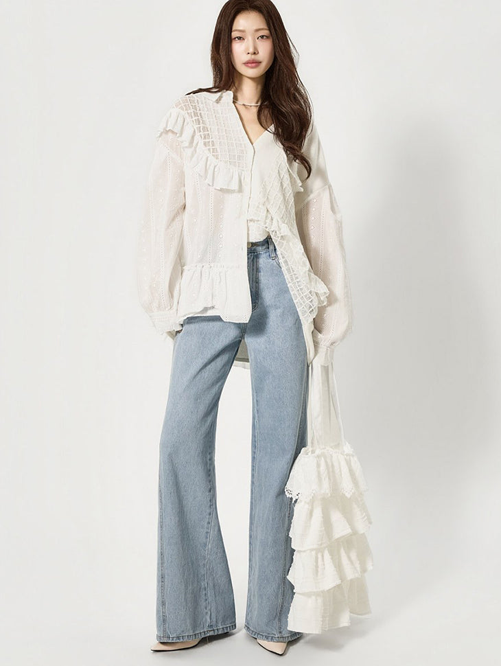 S857 荷叶边拼接V领衬衫