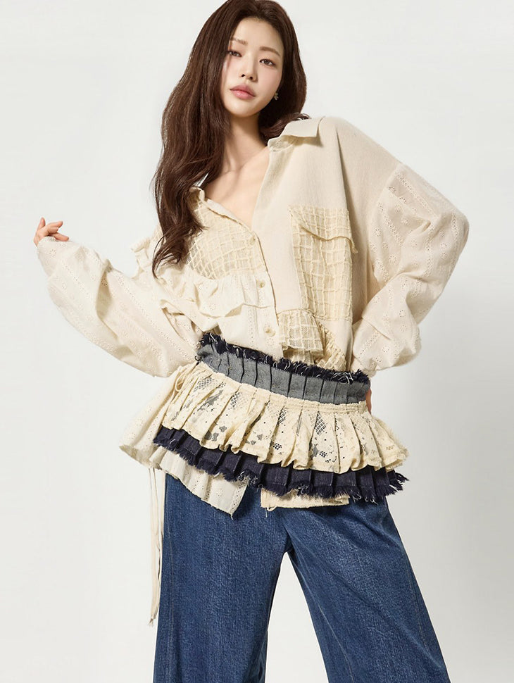 S857 Frill Mix V-Neck Shirts