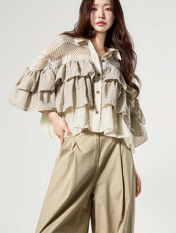 S869 Crochet Frill Check Shirts