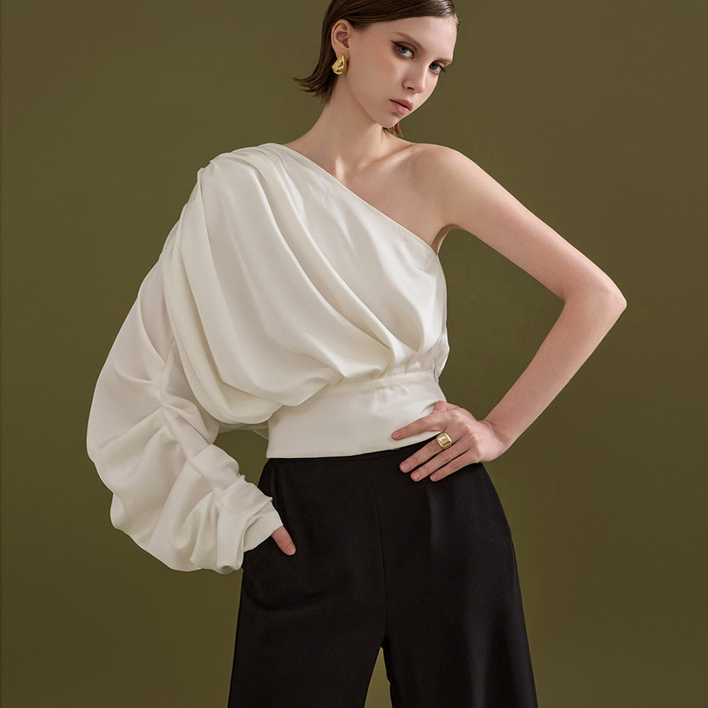 B9114 Satin One Shoulder Shirring Blouse