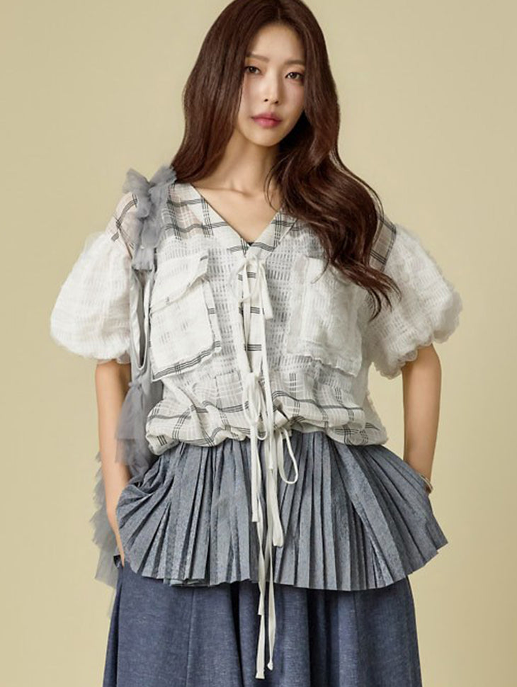 B3191 Check Contrast Layered Blouse