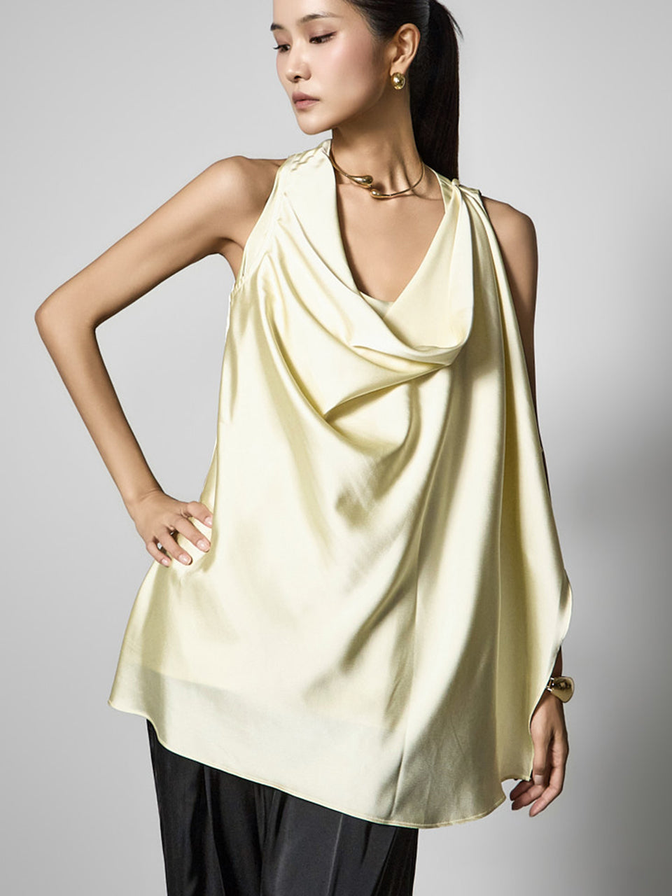 B9223 Asymmetrical Drape Blouse