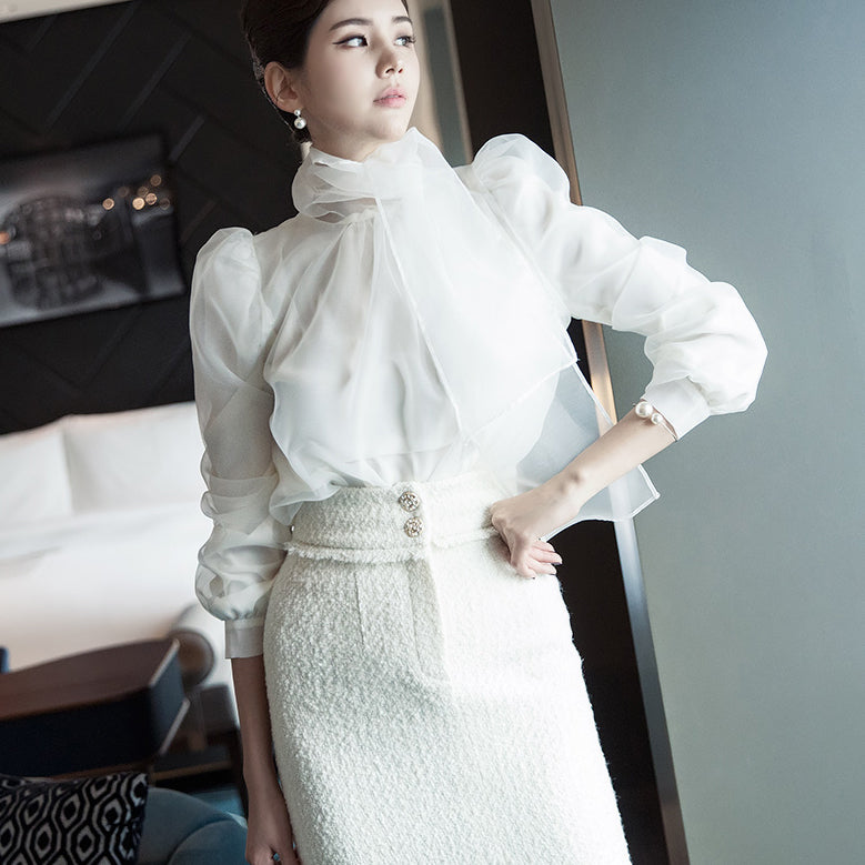 B2497 Puff Sleeve Organza Scarf Blouse