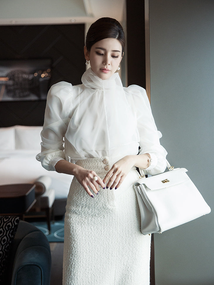 B2497 Puff Sleeve Organza Scarf Blouse