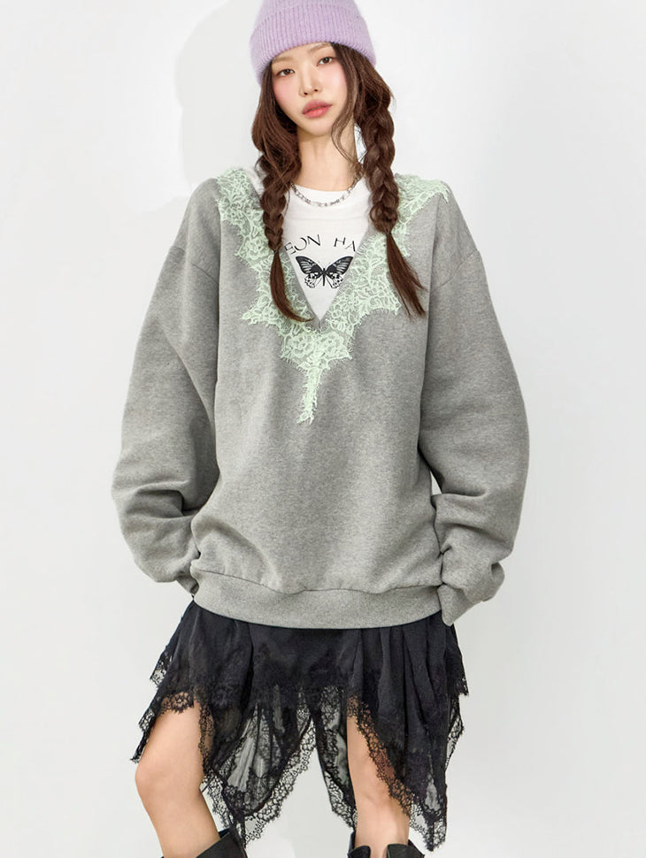 E4115 Lace Layered Fleece Sweatshirts