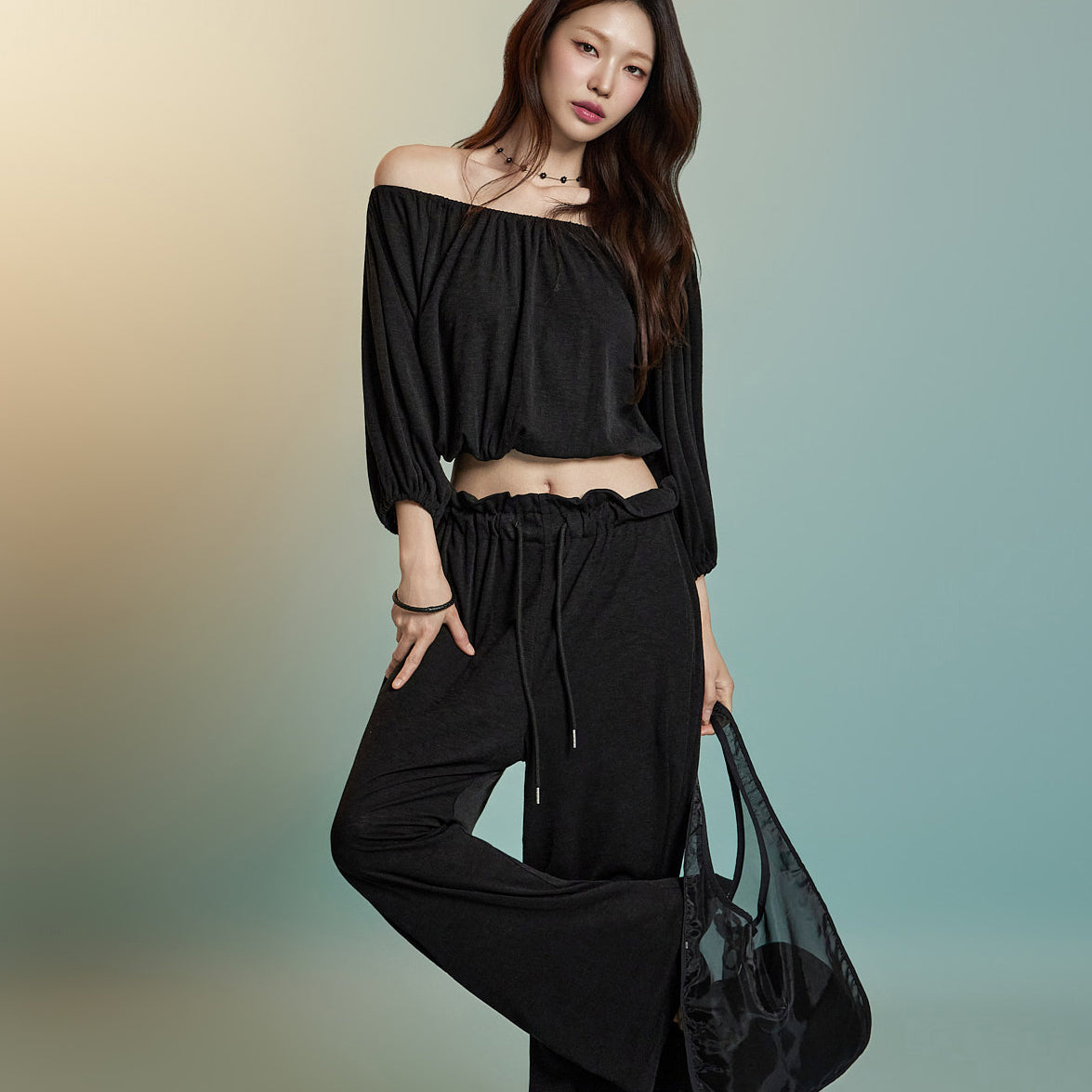 D5328 亚麻露肩两件套