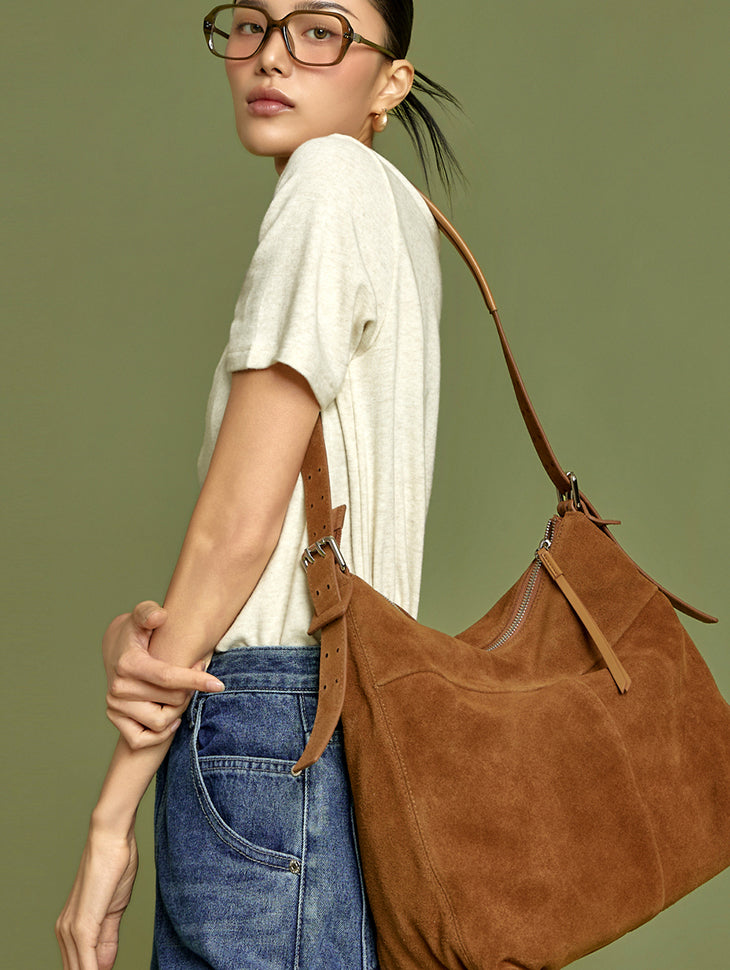 A-1758 Suede Belted Shoulder Bag