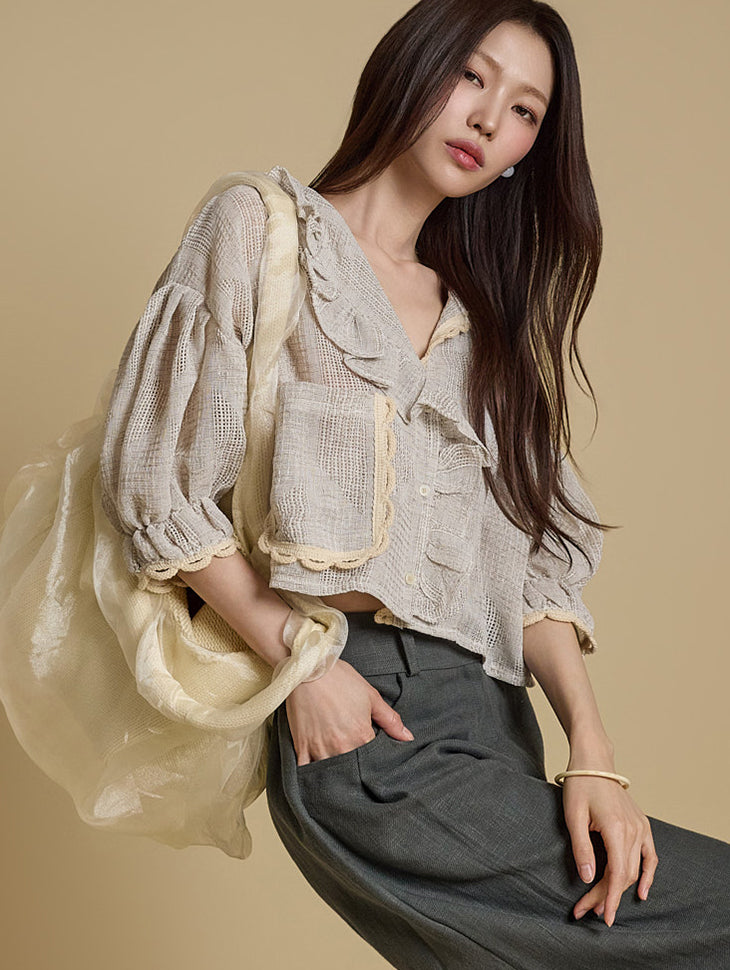 B3061 亚麻荷叶边衬衫