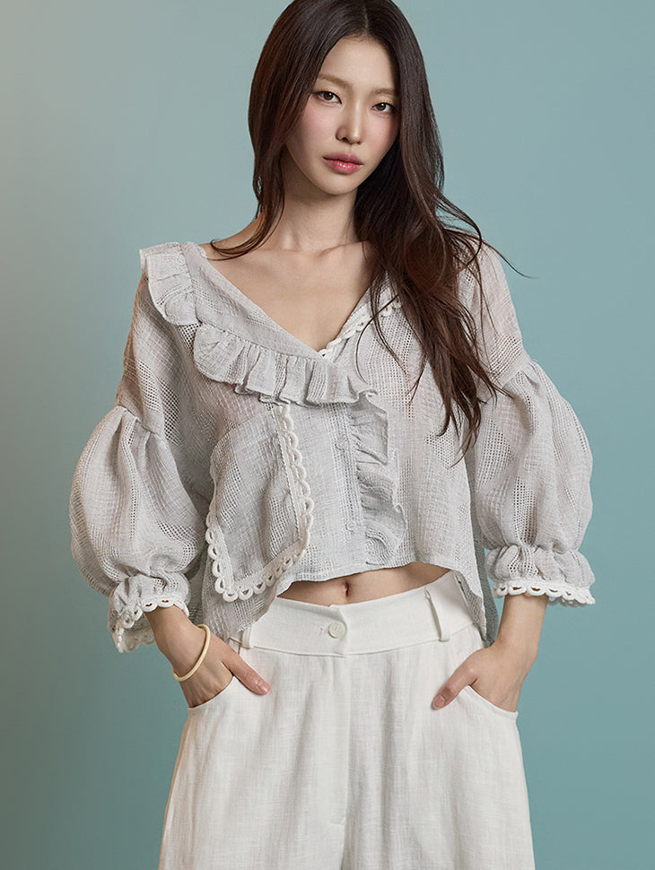 B3061 亚麻荷叶边衬衫