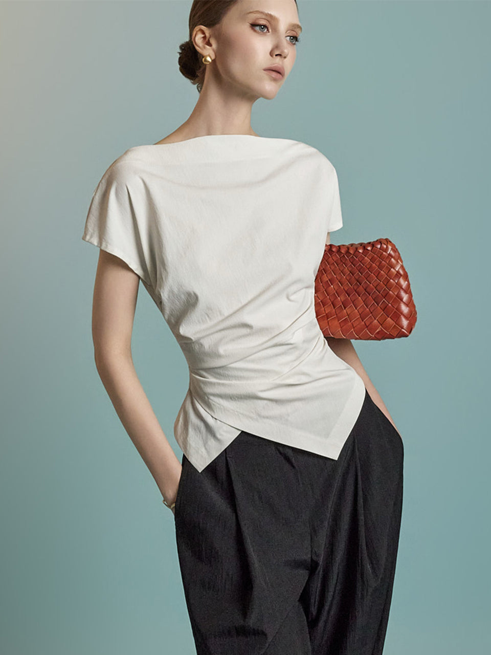 B3126 Asymmetric Shirring Blouse