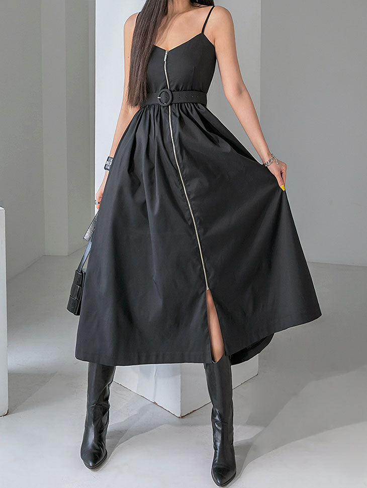 D4421 带腰带拉链连衣裙