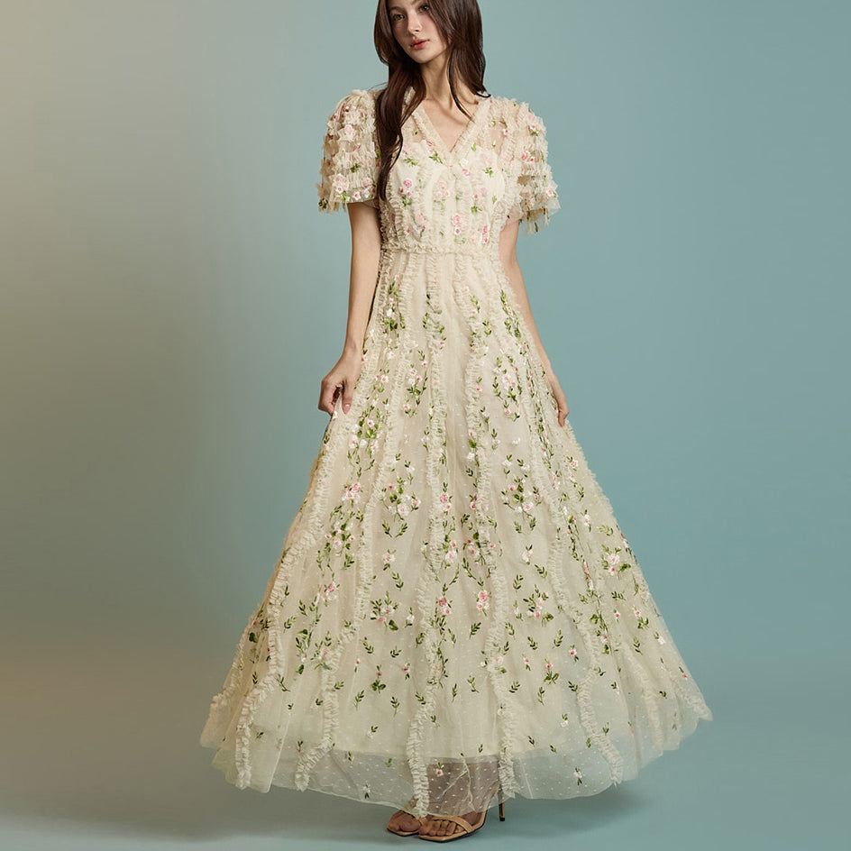 D4631 Flower Frill Tulle Dress