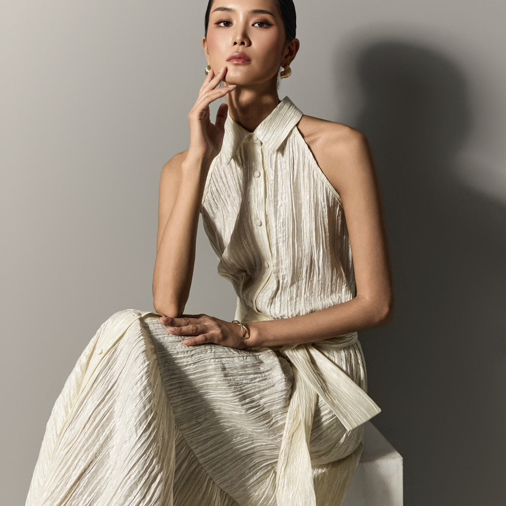 D5297 ストラップ付きプリーツドレス