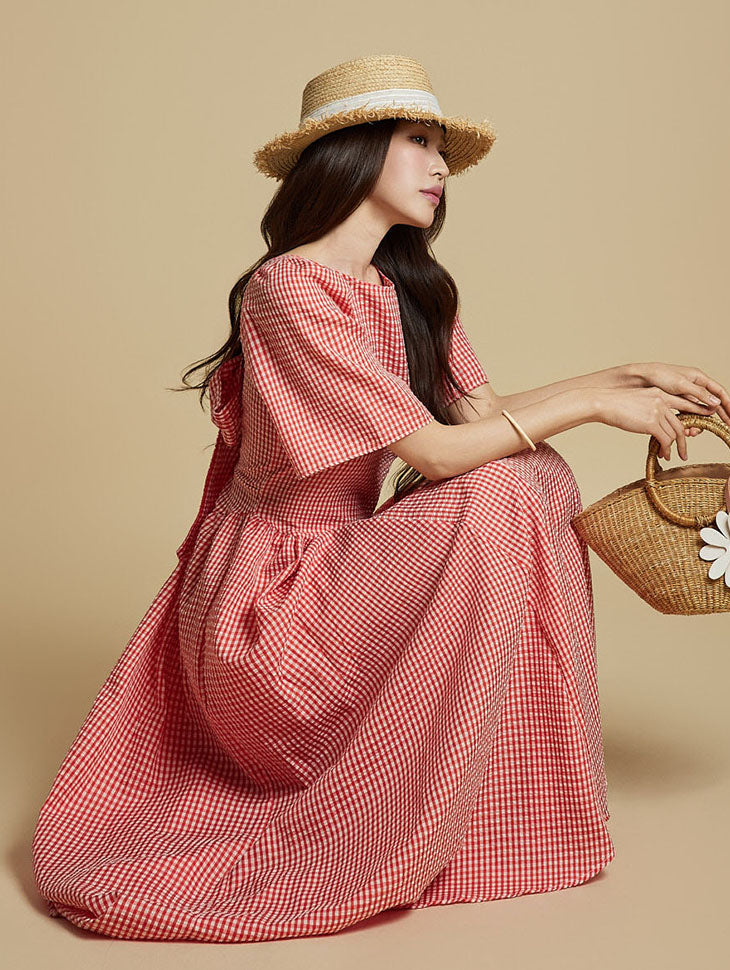 D5306 チェック柄シャーリングドレス