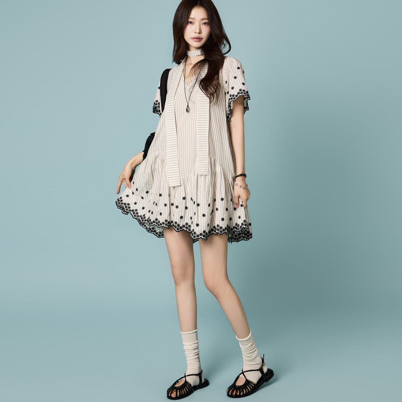 D5561 Striped Embroidered Dress