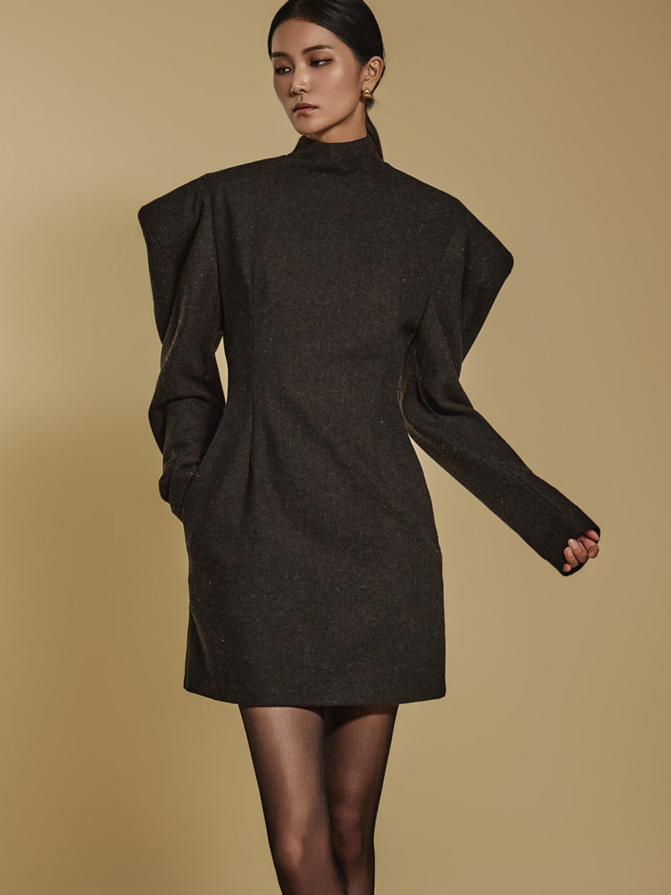 D9314 人字纹羊毛迷你连衣裙