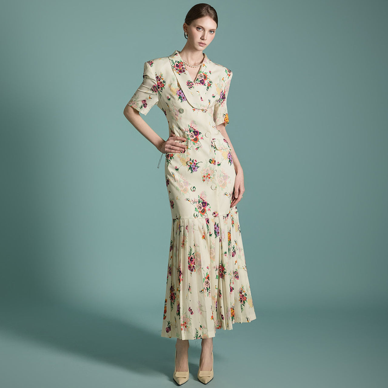 D9503 花朵褶皱连衣裙