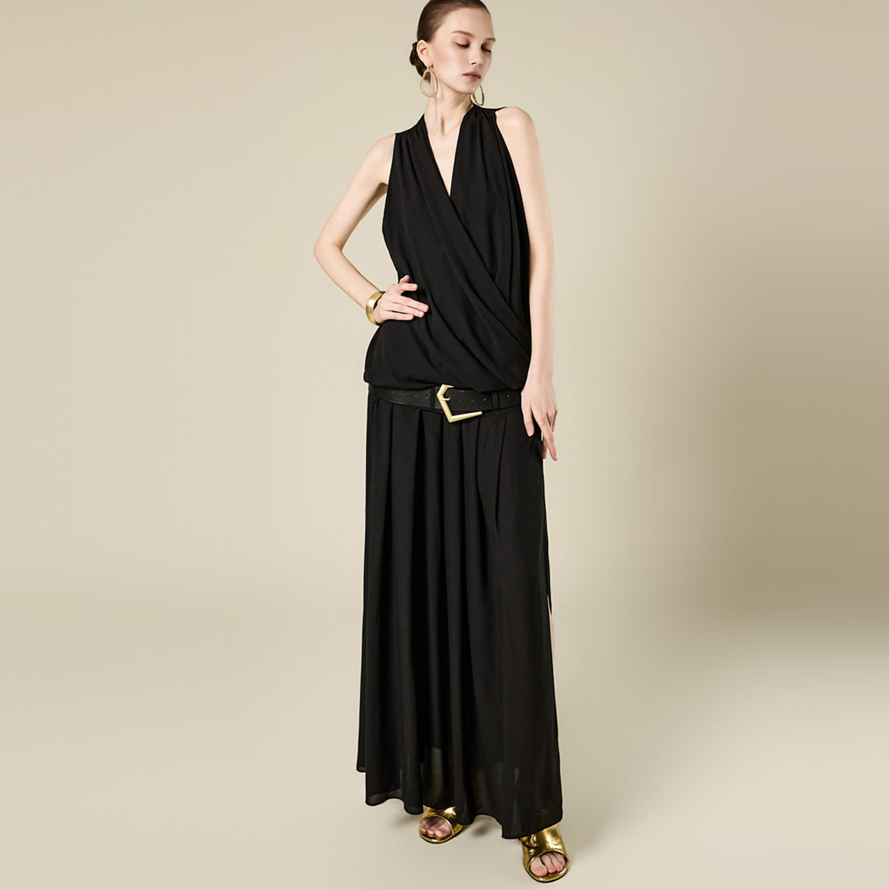D9599 Wrap Drape Belt Dress