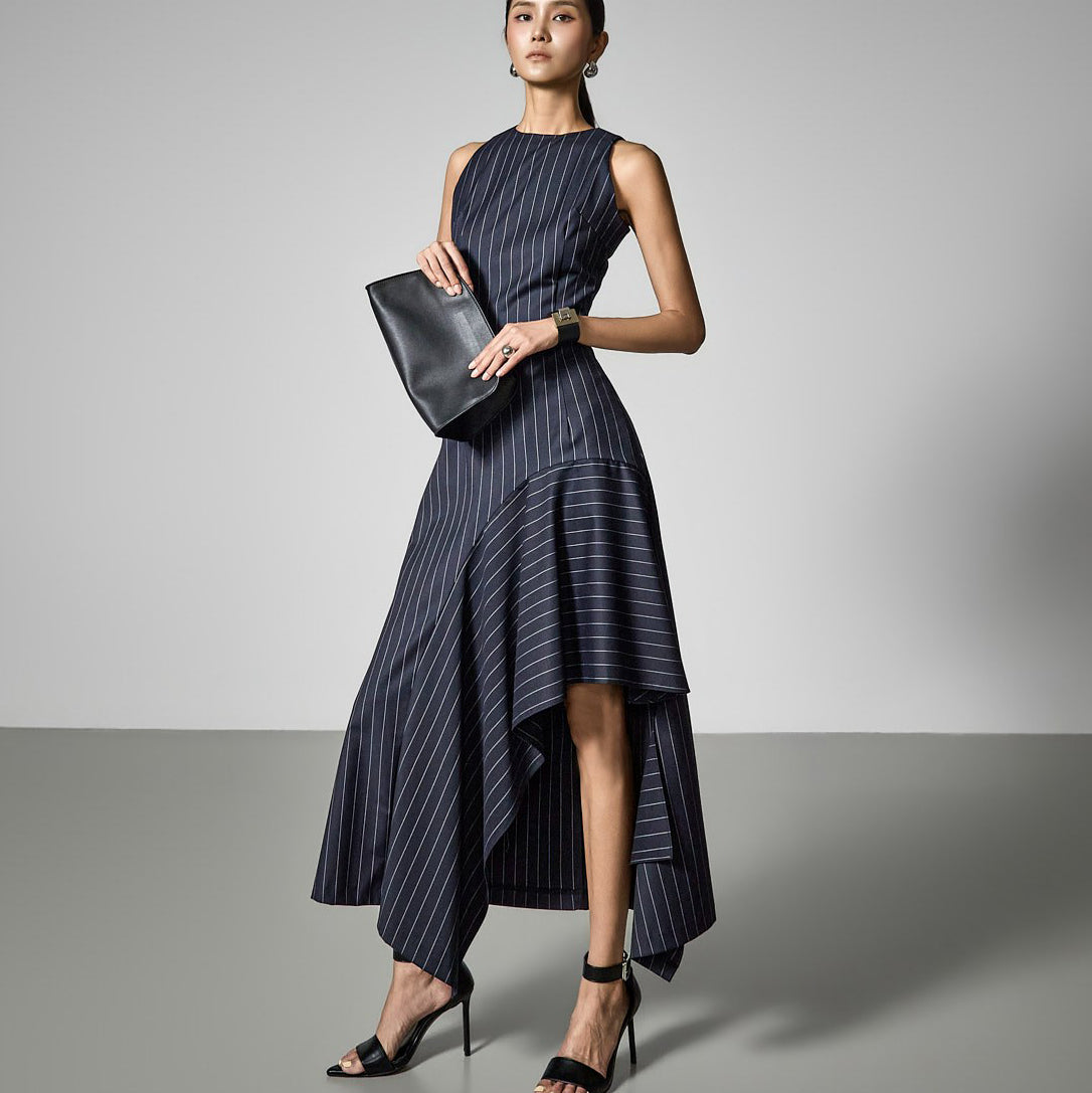 D9612 Striped Asymmetrical Flare Dress