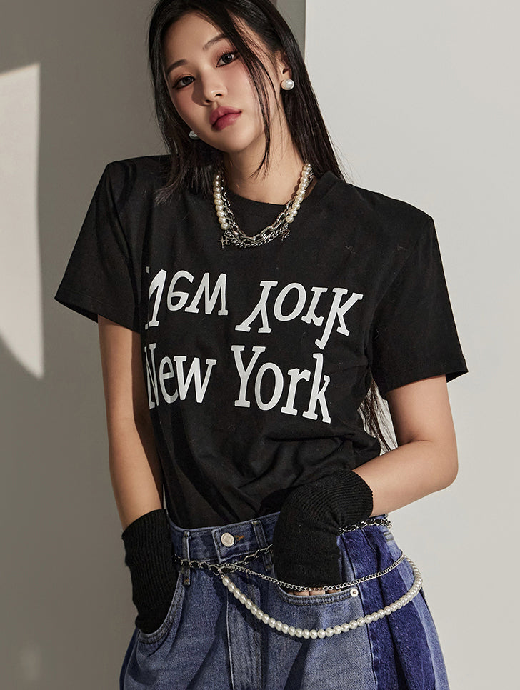 E2814 プリントショルダーパッドTシャツ